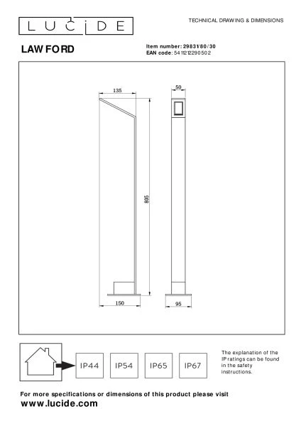 Lucide LAWFORD - Bollard light - LED - 1x6W 3000K - IP54 - Black - technical